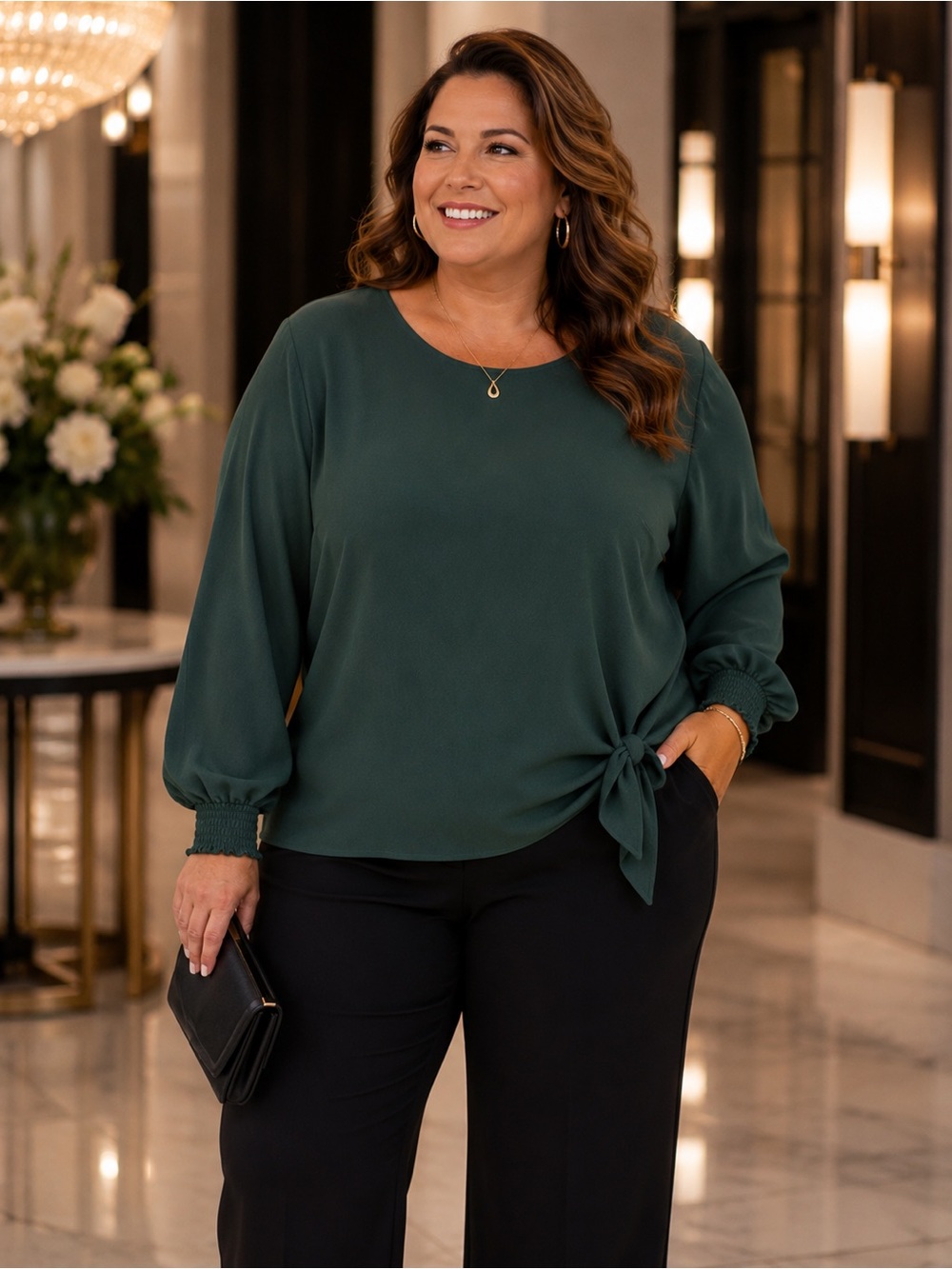 Ricki's Emerald Green Tie Front Blouse 18 Quiet Luxury Office Chic Coquette NWOT